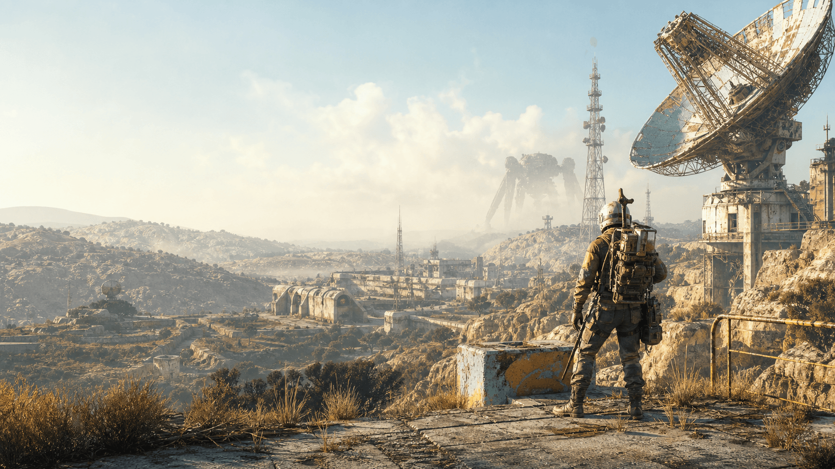 A Raider surveying a sunlit ruined expedition zone with a distant ARC machine